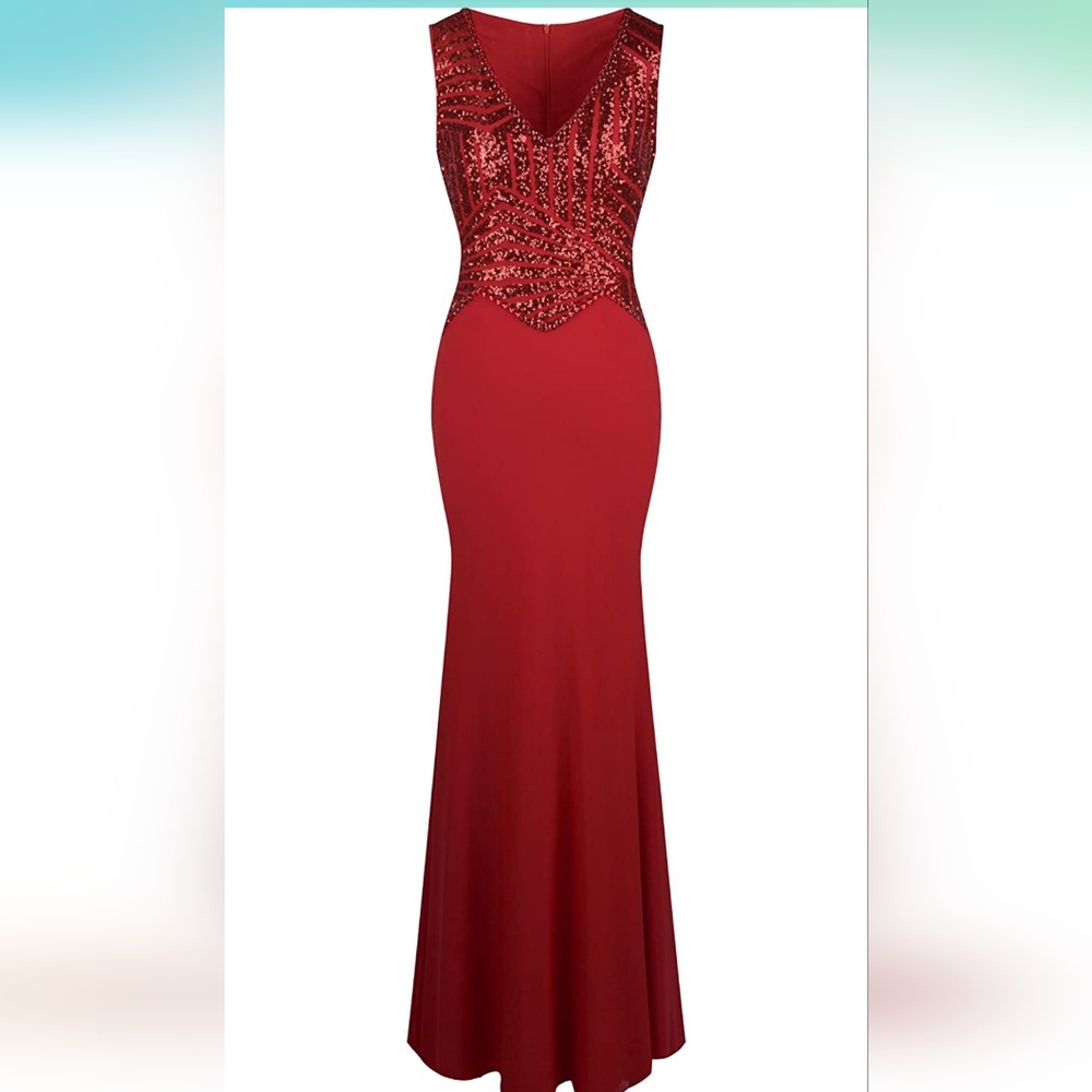 Women's V Neck Sequin Beading Mermaid Sheath Long Gown Dress